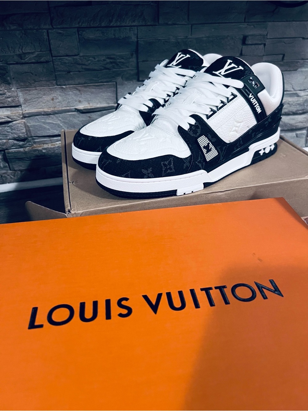 Louis Vuitton White and Black Low-Top Monogram Sneakers